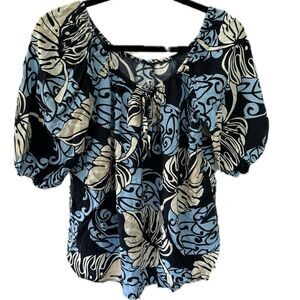 One Papaya Hawaiian Aloha Floral Tropical Leaves On Off Shoulder Peasant Top M